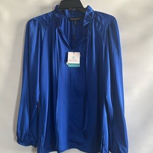 NWT. Ming Wang Top Ruffled Tie Keyhole Neck Crepe De Chine Blouse Deep Sky Sz S